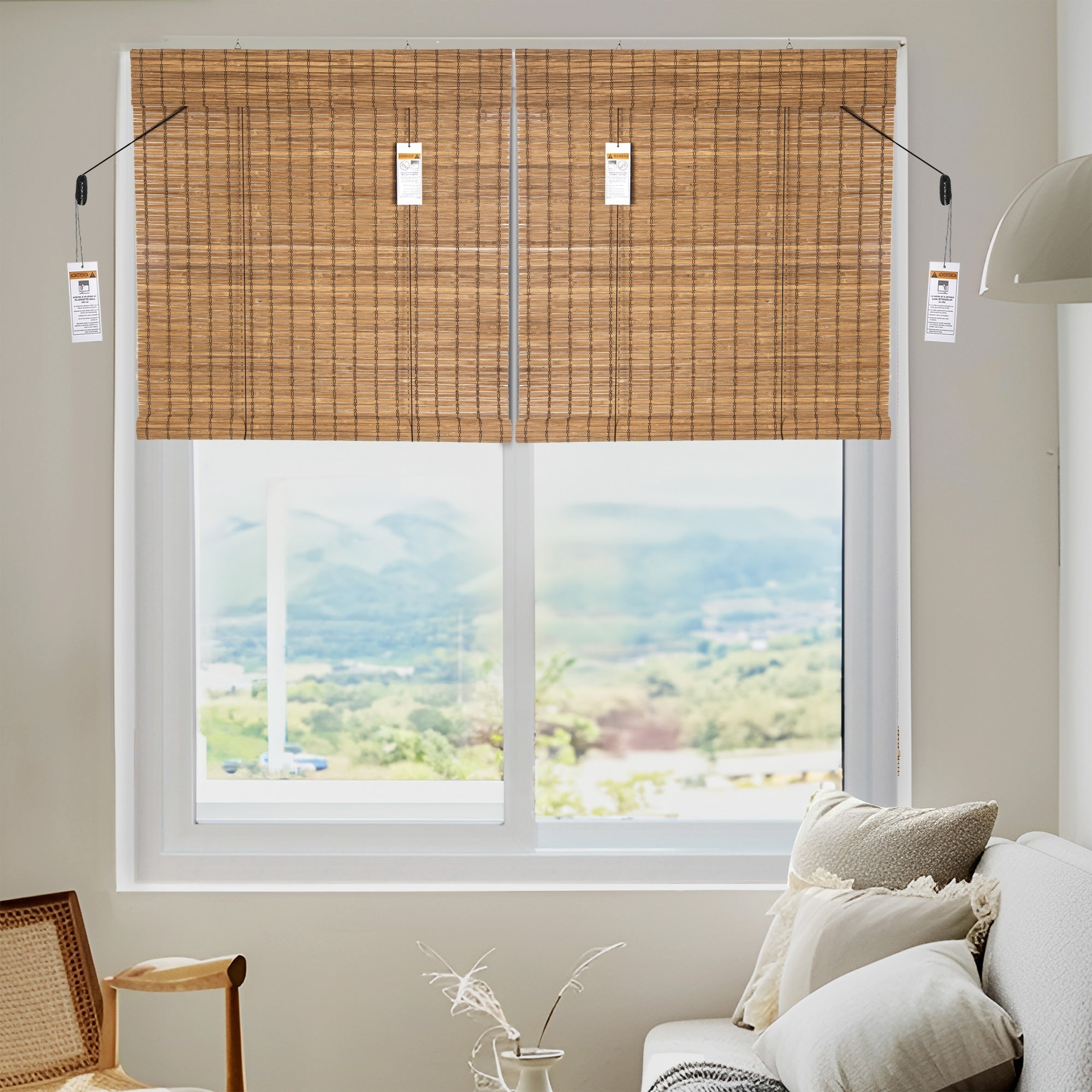 Brown Carbonized Bamboo Slat Cordless Roll Up Blind with Valance