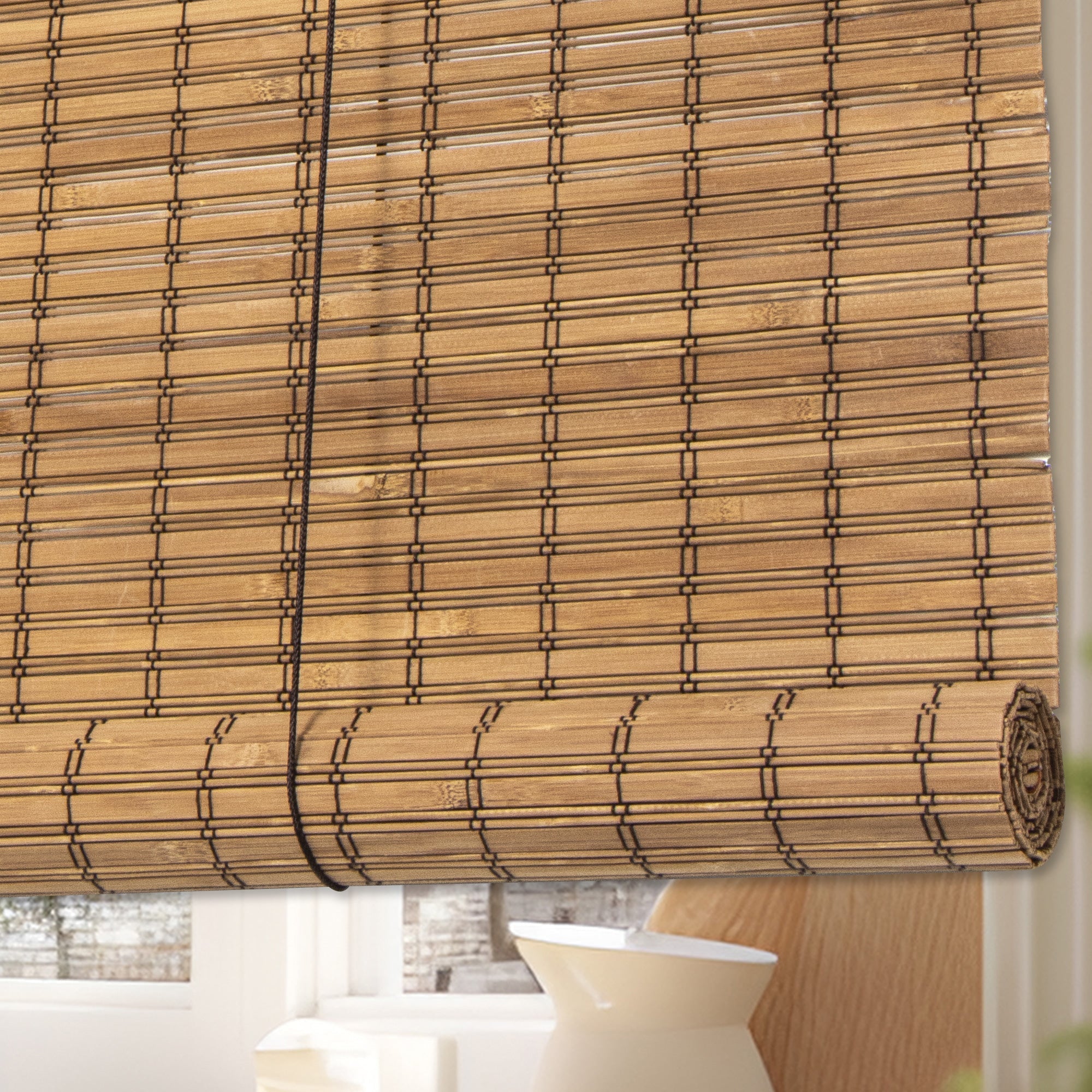 Brown Carbonized Bamboo Slat Cordless Roll Up Blind with Valance
