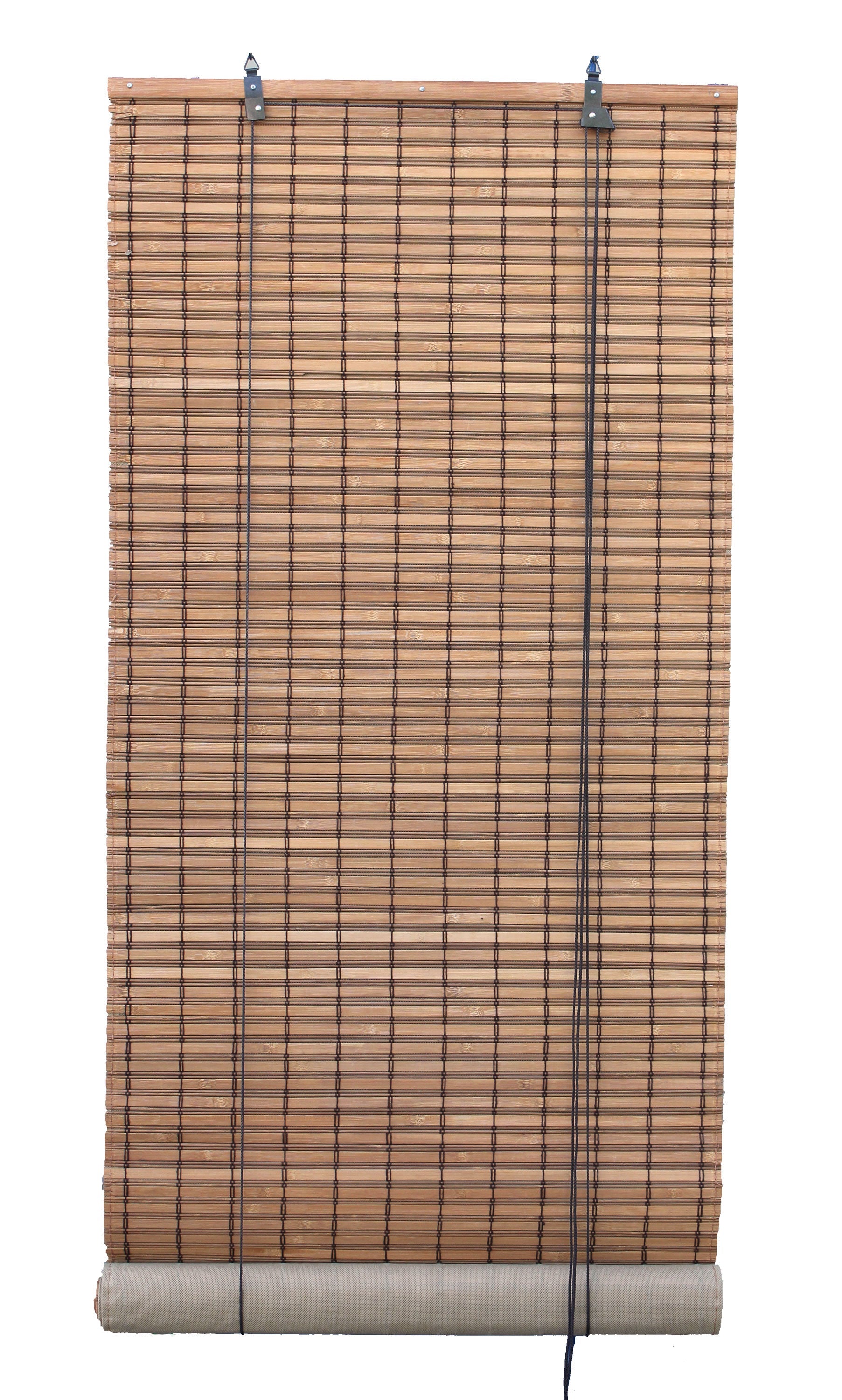 Brown Carbonized Bamboo Slat Roll Up Blind with Privacy Liner Backer