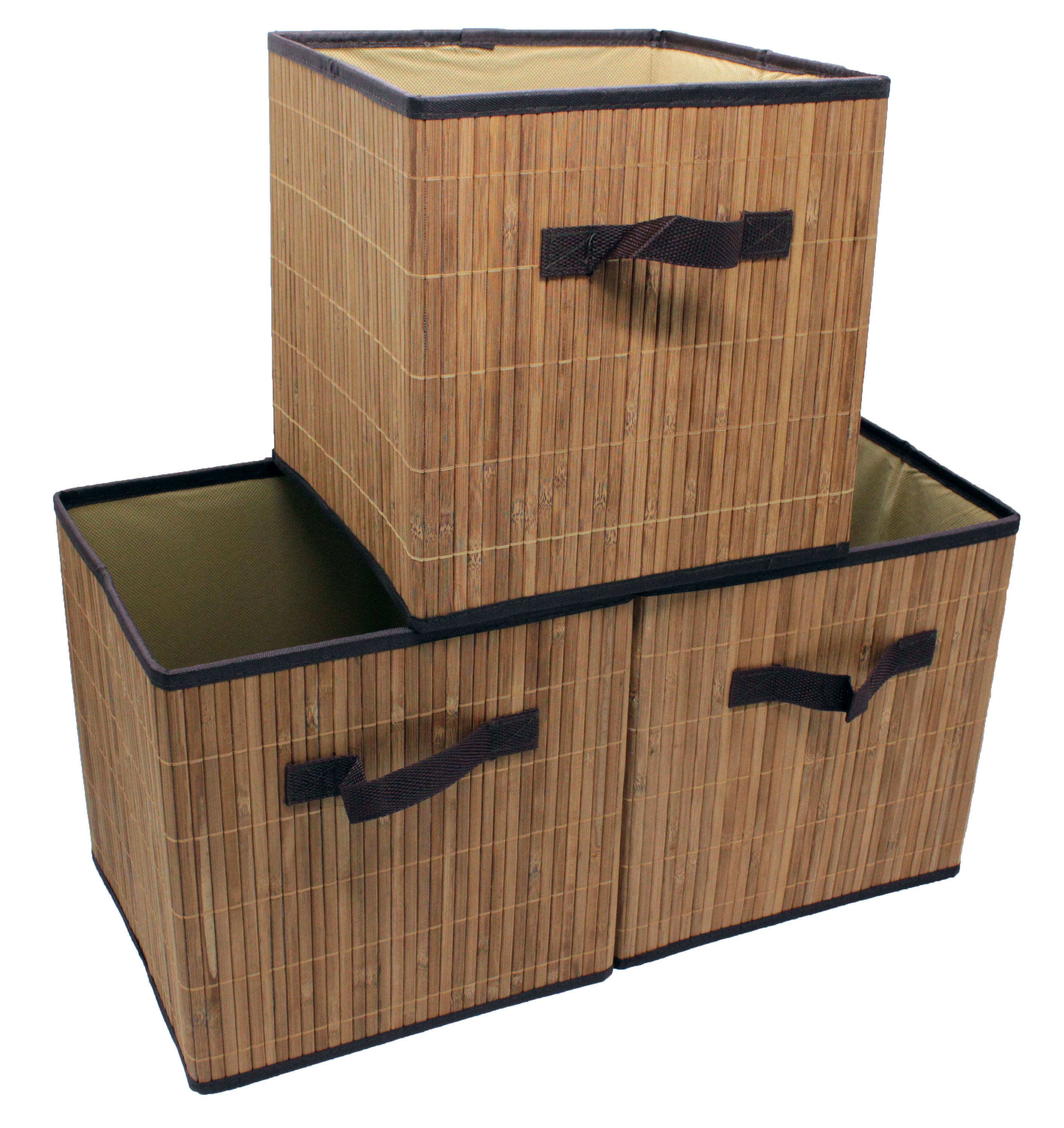 Bamboo Slat Foldable Cube Storage Bin Shelf Organizer [3 Pack]