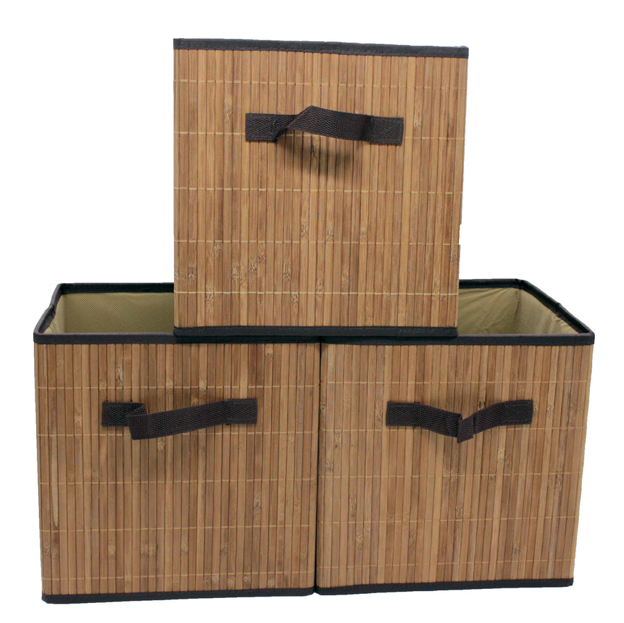 Bamboo Slat Foldable Cube Storage Bin Shelf Organizer [3 Pack]