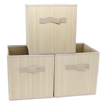 Bamboo Slat Foldable Cube Storage Bin Shelf Organizer [3 Pack]