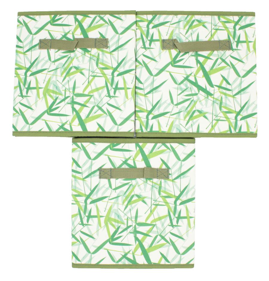 Green Leaves Patterned Canvas Foldable Cube Storage Bin Shelf Organizer [3 Pack]