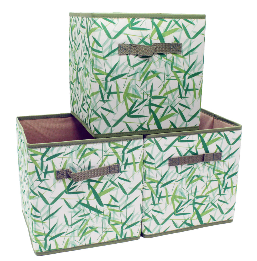 Green Leaves Patterned Canvas Foldable Cube Storage Bin Shelf Organizer [3 Pack]