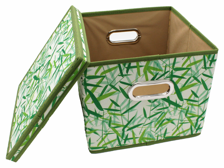 Green Leaves Patterned Canvas Foldable File Cabinet Storage Box Shelf Organizer Hanging File Folder with Lid [2 Pack, Letter Size]