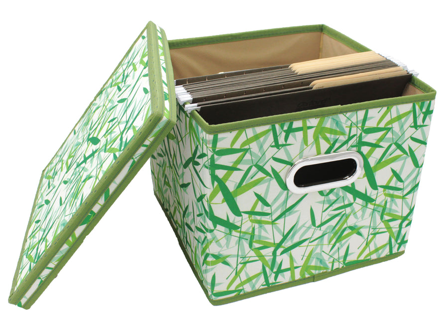 Green Leaves Patterned Canvas Foldable File Cabinet Storage Box Shelf Organizer Hanging File Folder with Lid [2 Pack, Letter Size]