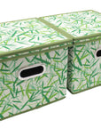 Green Leaves Patterned Canvas Foldable File Cabinet Storage Box Shelf Organizer Hanging File Folder with Lid [2 Pack, Letter Size]