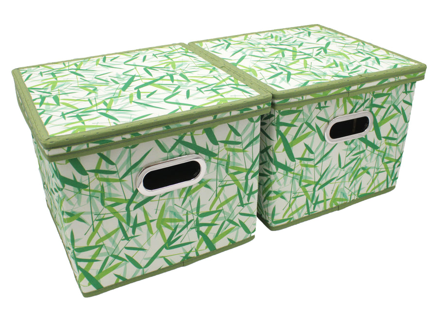 Green Leaves Patterned Canvas Foldable File Cabinet Storage Box Shelf Organizer Hanging File Folder with Lid [2 Pack, Letter Size]