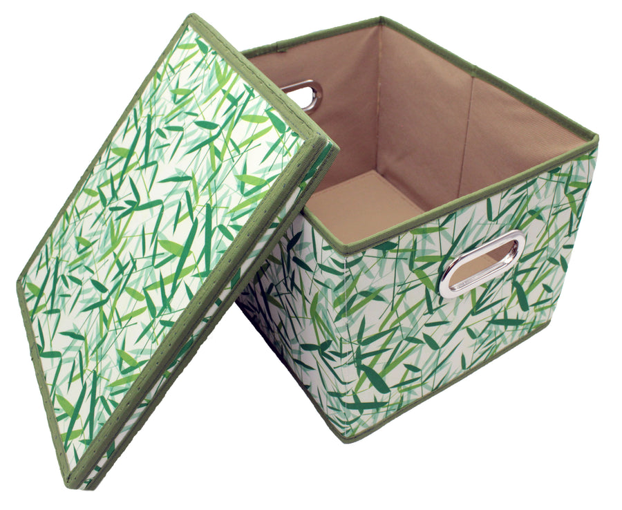 Green Leaves Patterned Canvas Foldable File Cabinet Storage Box Shelf Organizer Hanging File Folder with Lid [2 Pack, Letter/Legal Size]