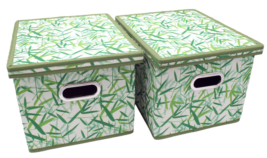 Green Leaves Patterned Canvas Foldable File Cabinet Storage Box Shelf Organizer Hanging File Folder with Lid [2 Pack, Letter/Legal Size]