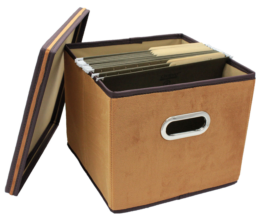 Brown Velvet Fabric Foldable File Cabinet Storage Box Shelf Organizer Hanging File Folder with Lid [2 Pack, Letter/Legal Size]