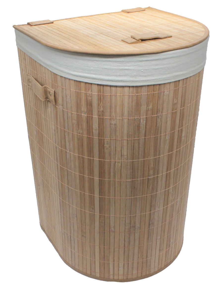 Foldable Bamboo Half-Moon Corner Laundry Hamper with Lid and Removable Cloth Liner