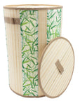 Foldable Bamboo Round Green Leaves Canvas Laundry Hamper with Lid