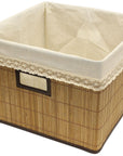 Brown Natural Bamboo Square Storage Bin Container with Cloth Liner [3 Pack]