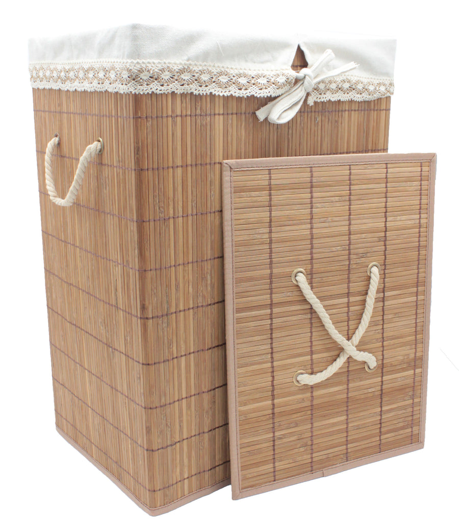 Foldable Bamboo Rectangular Laundry Hamper with Lid and Removable Cloth Liner