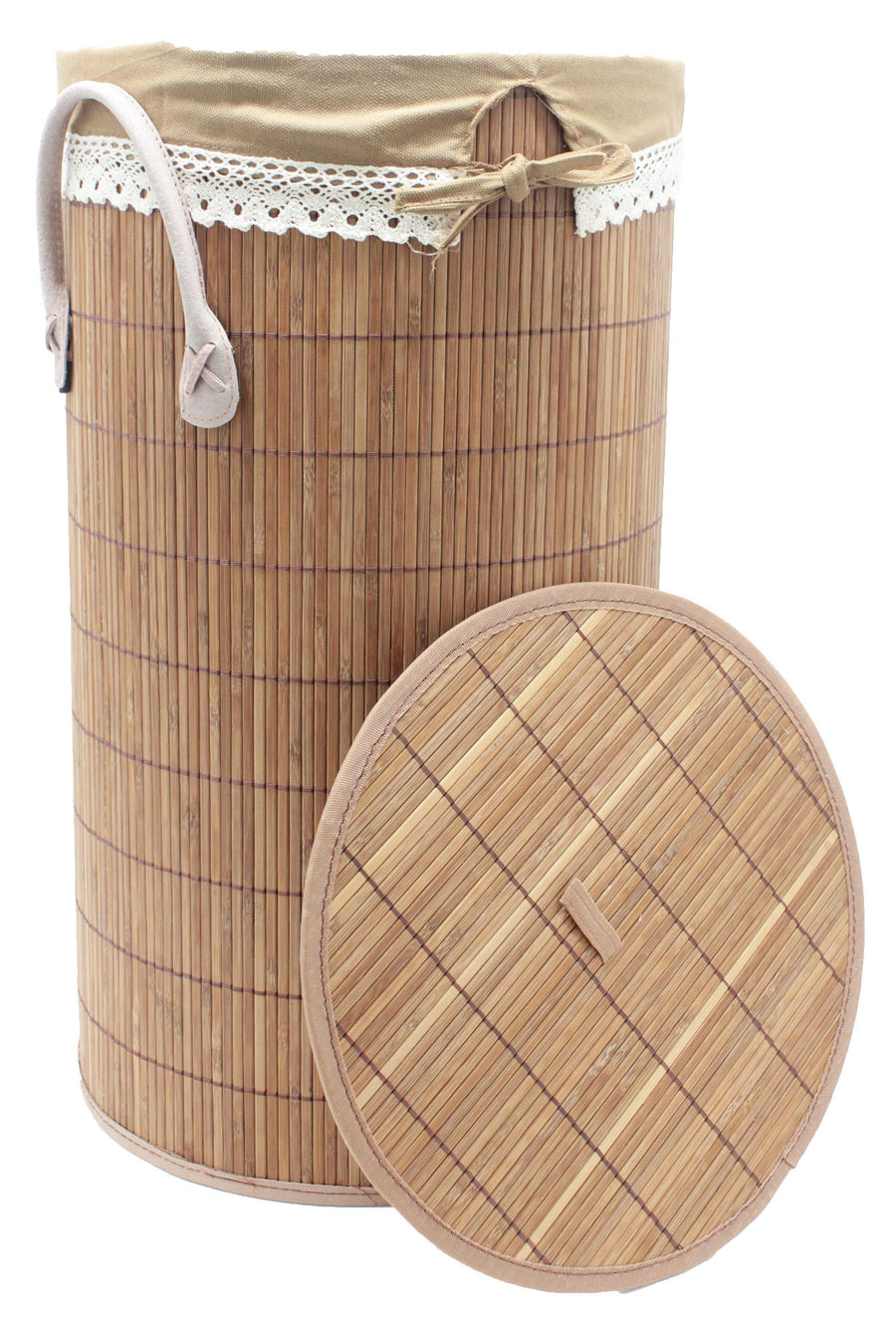 Foldable Bamboo Round Laundry Hamper with Lid and Removable Cloth Liner